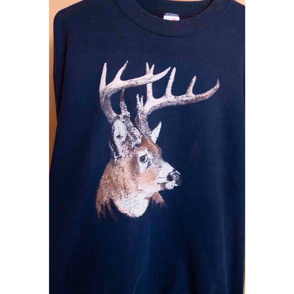 Vintage Buck Crewneck Sweatshirt – Navy Blue Jerzees Deer Made in USA - Picture 3 of 7